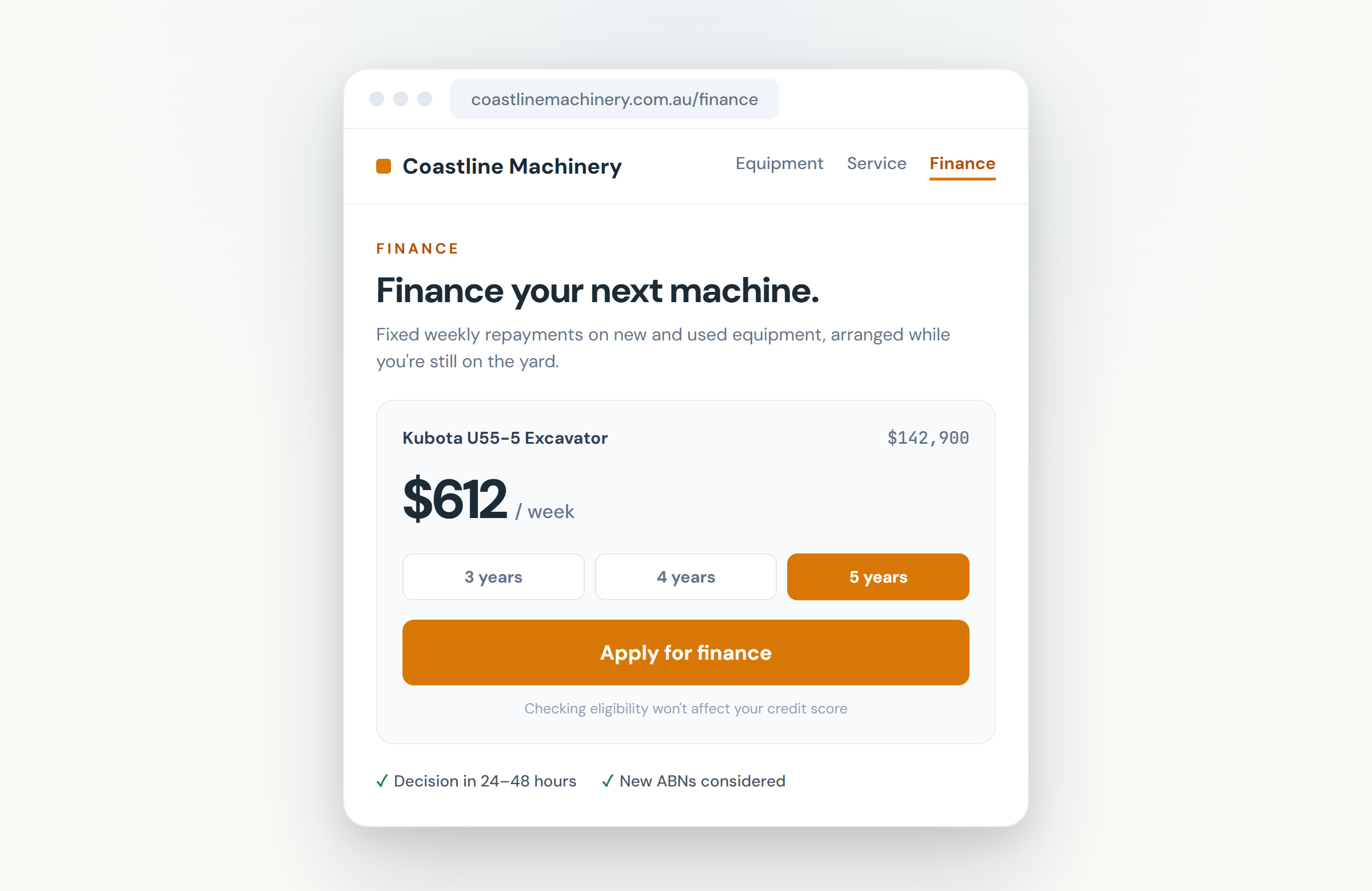 Finance calculator embedded in a dealer website, quoting a weekly repayment