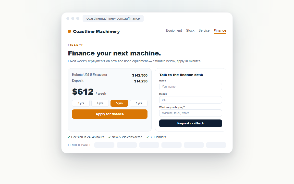Complete dedicated finance page with calculator, callback form and lender panel