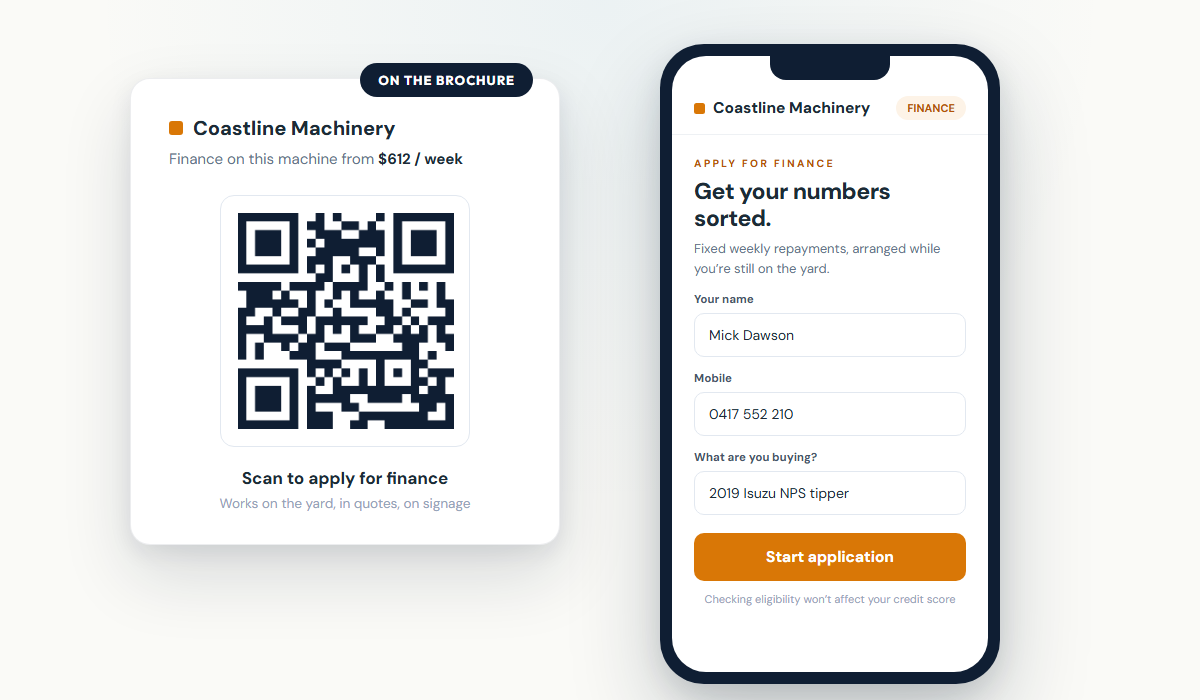 QR code on a dealer brochure opening a branded finance application on a phone